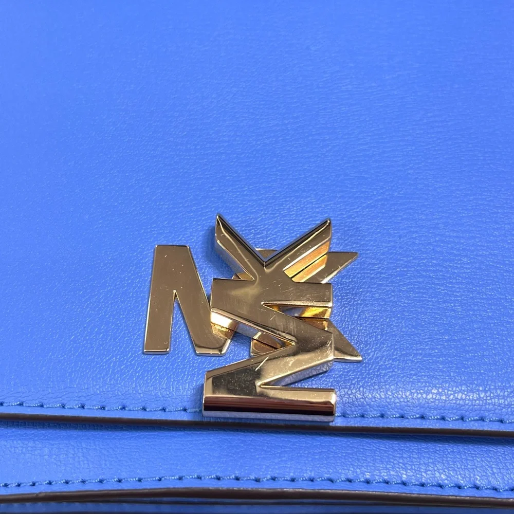 Michael Kors Mott Large Leather Shoulder Bag Oxford Blue Gold Chain NWT - Picture 11 of 12